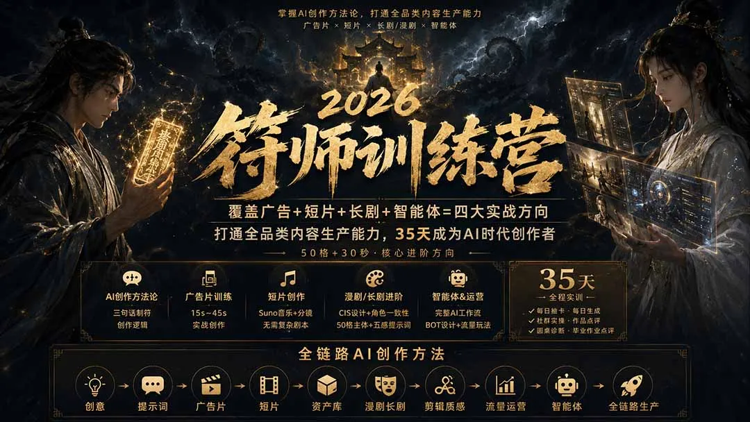 符师训练营-35天成为AI时代创作者,广告+短片+漫剧+智能体四大实战方向,掌握从创意到上线的完整工作流