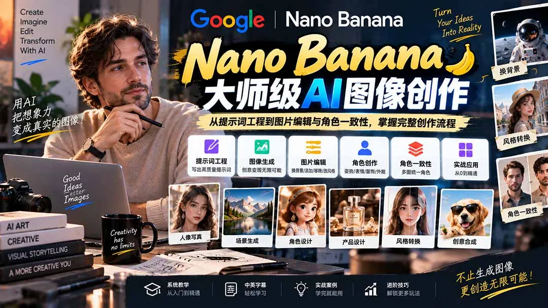 【无水印】Nano Banana大师级AI图像实战课:从提示词工程到图片编辑与角色一致性,掌握完整创作流程