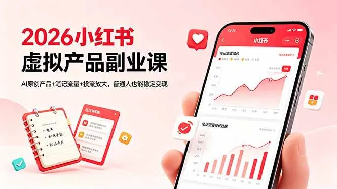 （18449期）2026小红书虚拟产品副业课，AI原创产品+笔记流量+投流放大，普通人也能稳定变现