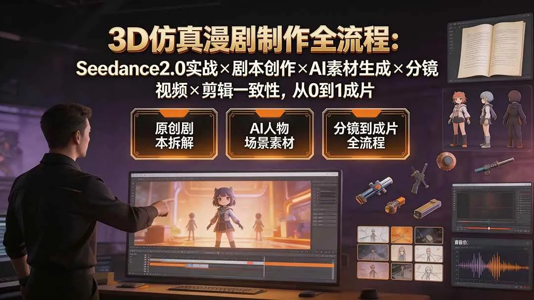 （19341期）3D仿真漫剧制作全流程：Seedance2.0实战×剧本创作×AI素材生成×分镜视频×剪辑一致性，从0到1成片