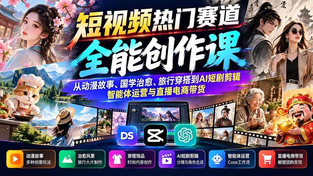 短视频热门赛道全能创作课:从动漫故事、国学治愈、旅行穿搭到AI短剧剪辑、智能体运营与直播电商带货