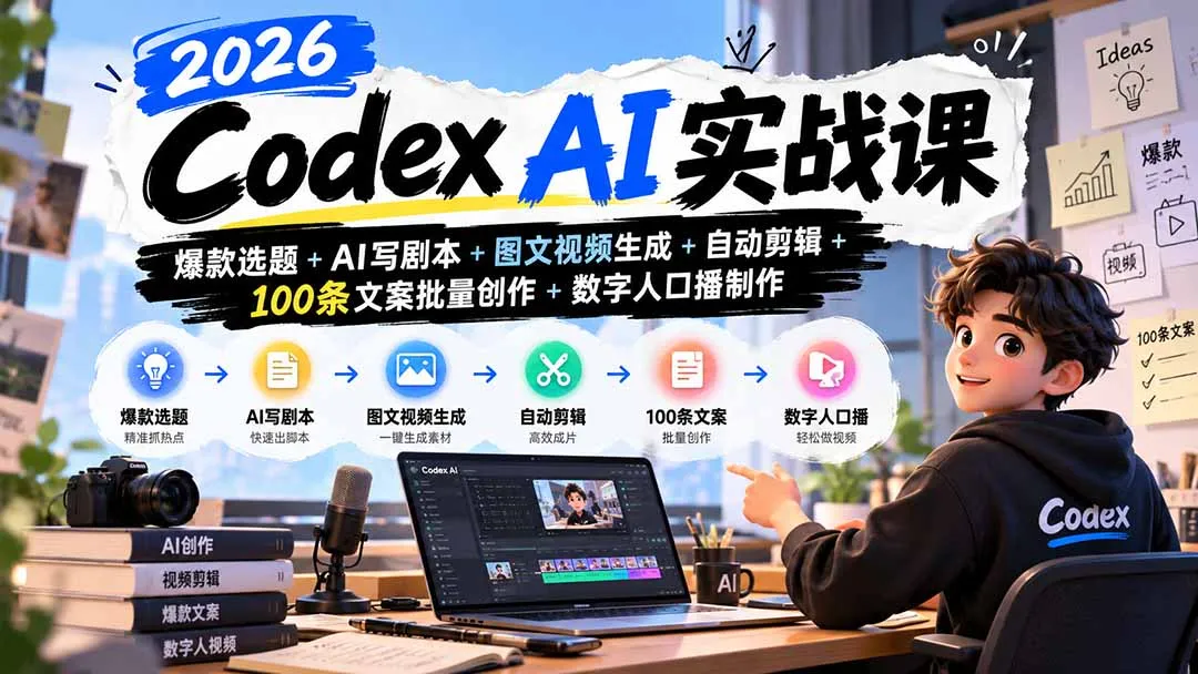 2026Codex AI实战课:爆款选题+AI写剧本+图文视频生成+自动剪辑+100条文案批量创作+数字人口播制作