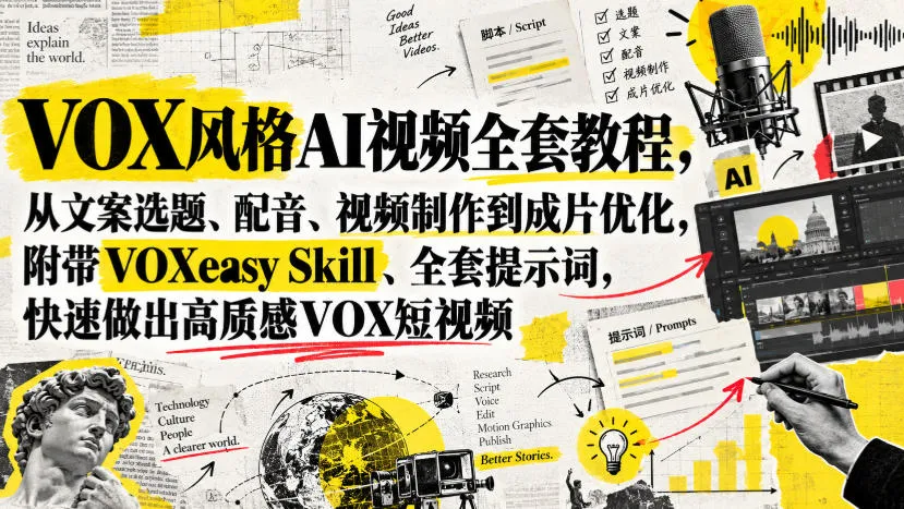 VOX风格AI视频全套教程,从文案选题、配音、视频制作到成片优化,附带VOXeasy Skill、全套提示词,快速做出高质感VOX短视频