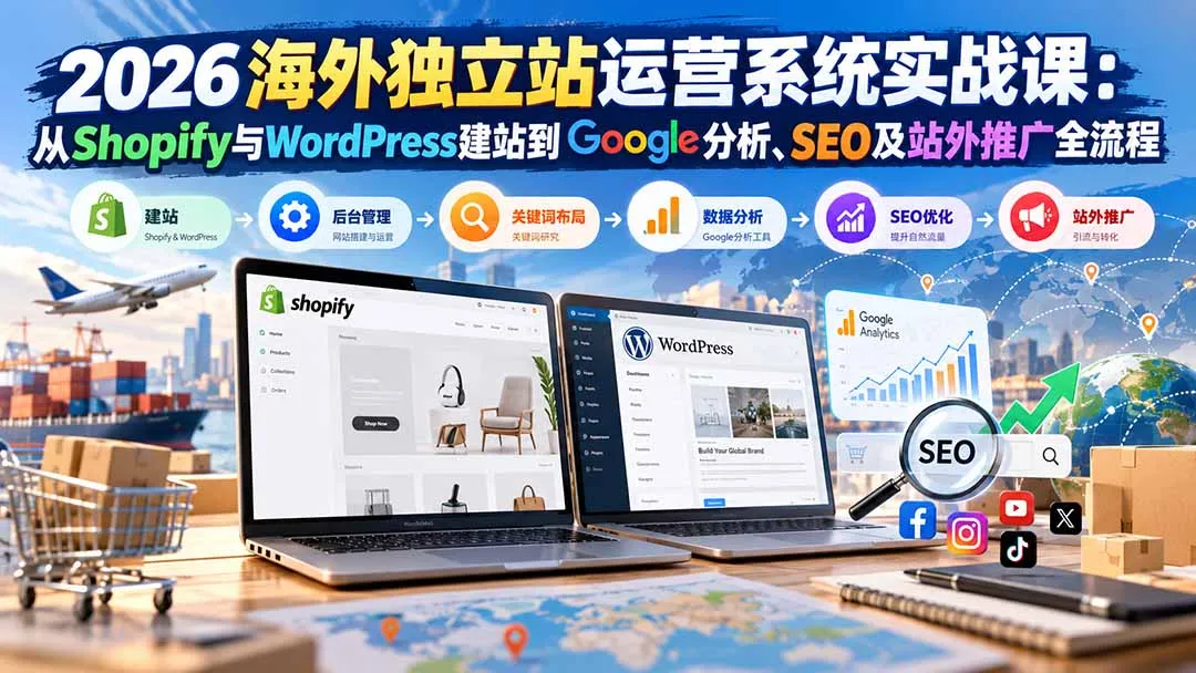2026海外独立站运营系统实战课：从Shopify与WordPress建站到Google分析、SEO及站外推广全流程