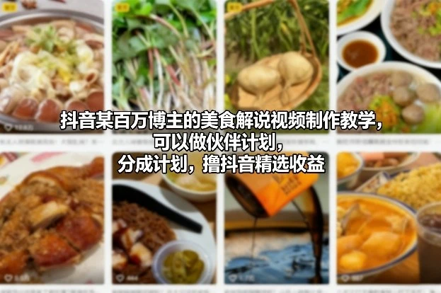 【精】抖音某百万博主的美食解说视频制作教学，可以做伙伴计划，分成计划，撸抖音精选收益