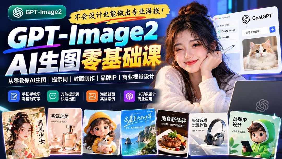 不会设计也能做出专业海报!GPT-Image2从零教你AI生图、提示词、封面制作、品牌IP与商业视觉设计