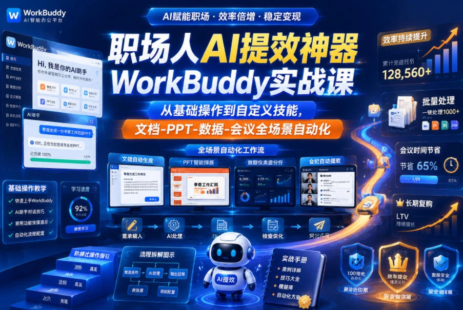 【精】职场人AI提效神器WorkBuddy实战课，从基础操作到自定义技能，文档-PPT-数据-会议全场景自动化