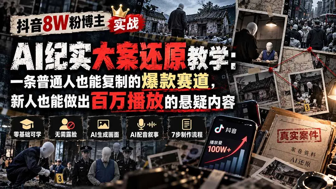 抖音8W粉博主AI纪实大案还原教学:一条普通人也能复制的爆款赛道,新人也能做出百万播放的悬疑内容