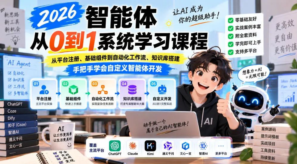 2026智能体从0到1系统学习课程,从平台注册、基础组件到自动化工作流、知识库搭建,手把手学会自定义智能体开发