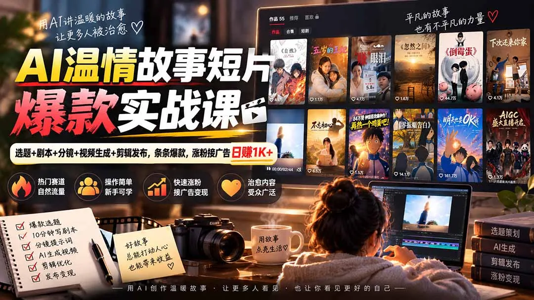 AI温情故事短片爆款实战课-更新|选题+剧本+分镜+视频生成+剪辑发布,条条爆款,涨粉接广告日赚1K+