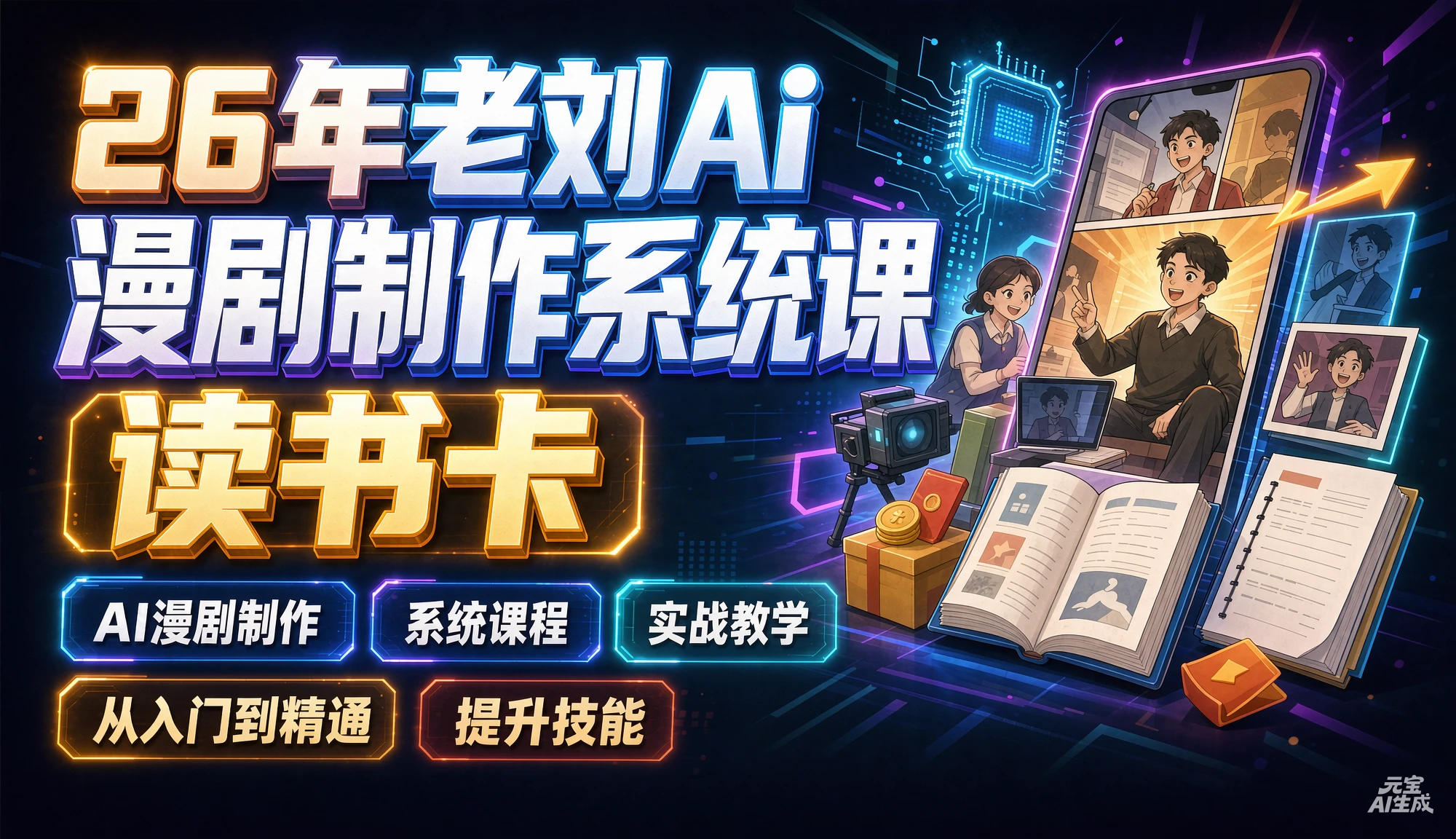 【精】26年老刘Ai漫剧制作系统课读书卡，AI漫剧制作从入门到精通、实战教学系统课程