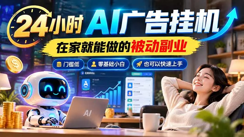 24小时AI广告挂机|在家就能做的被动副业,门槛低,零基础小白也可以快速上手