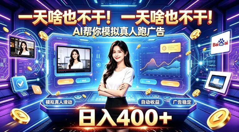 一天啥也不干！AI帮你模拟真人跑广告，稳定日入400+，实现真正被动变现【揭秘】