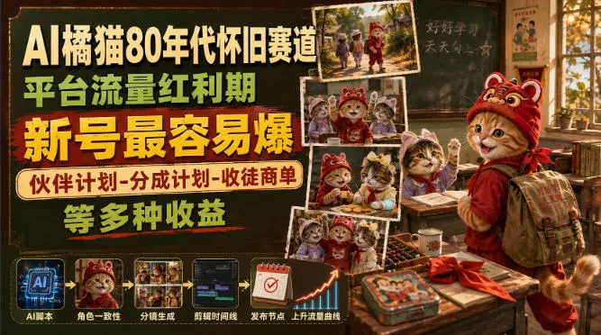 AI橘猫80年代怀旧赛道，平台流量红利期，新号最容易爆，伙伴计划-分成计划-收徒商单等多种收益