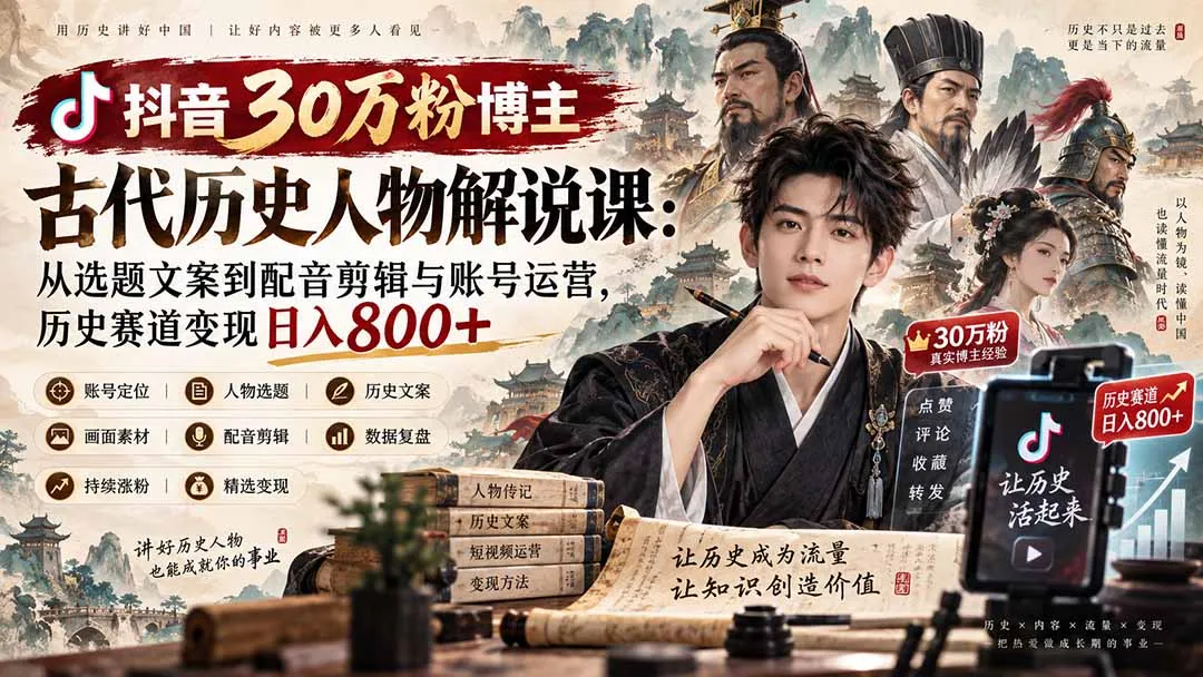抖音30万粉博主古代历史人物解说课:从选题文案到配音剪辑与账号运营,历史赛道变现日入800+