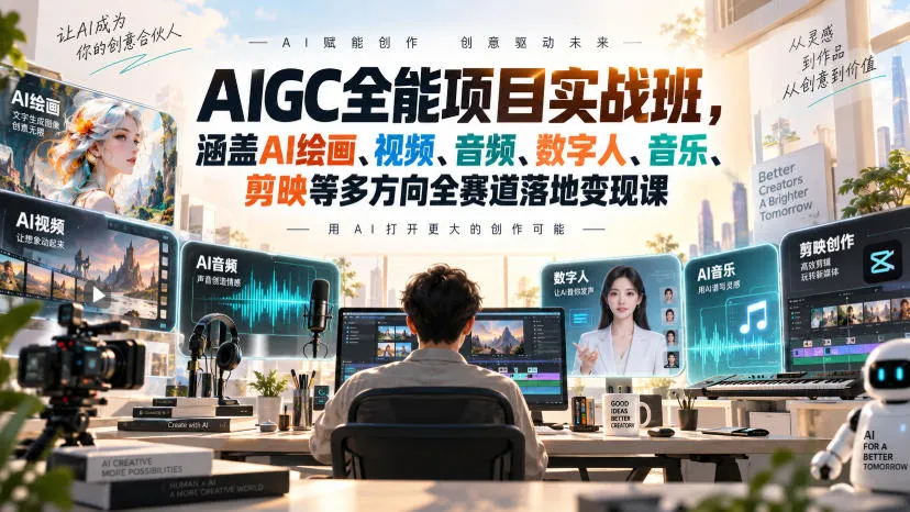 【精】AIGC全能项目实战班-无水印，涵盖AI绘画、视频、音频、数字人、音乐、剪映等多方向全赛道落地变现课（更新）