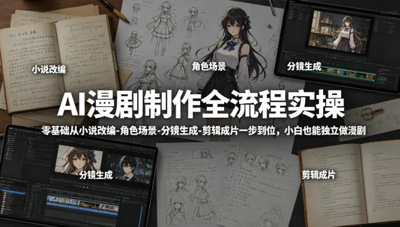 AI漫剧制作全流程实操，零基础从小说改编-角色场景-分镜生成-剪辑成片一步到位，小白也能独立做漫剧