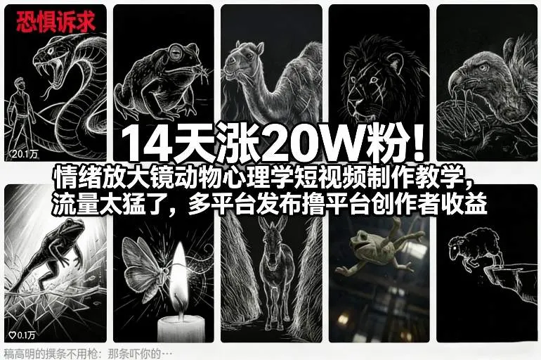 14天涨20W粉！情绪放大镜动物心理学短视频制作教学，流量太猛了，多平台发布撸平台创作者收益