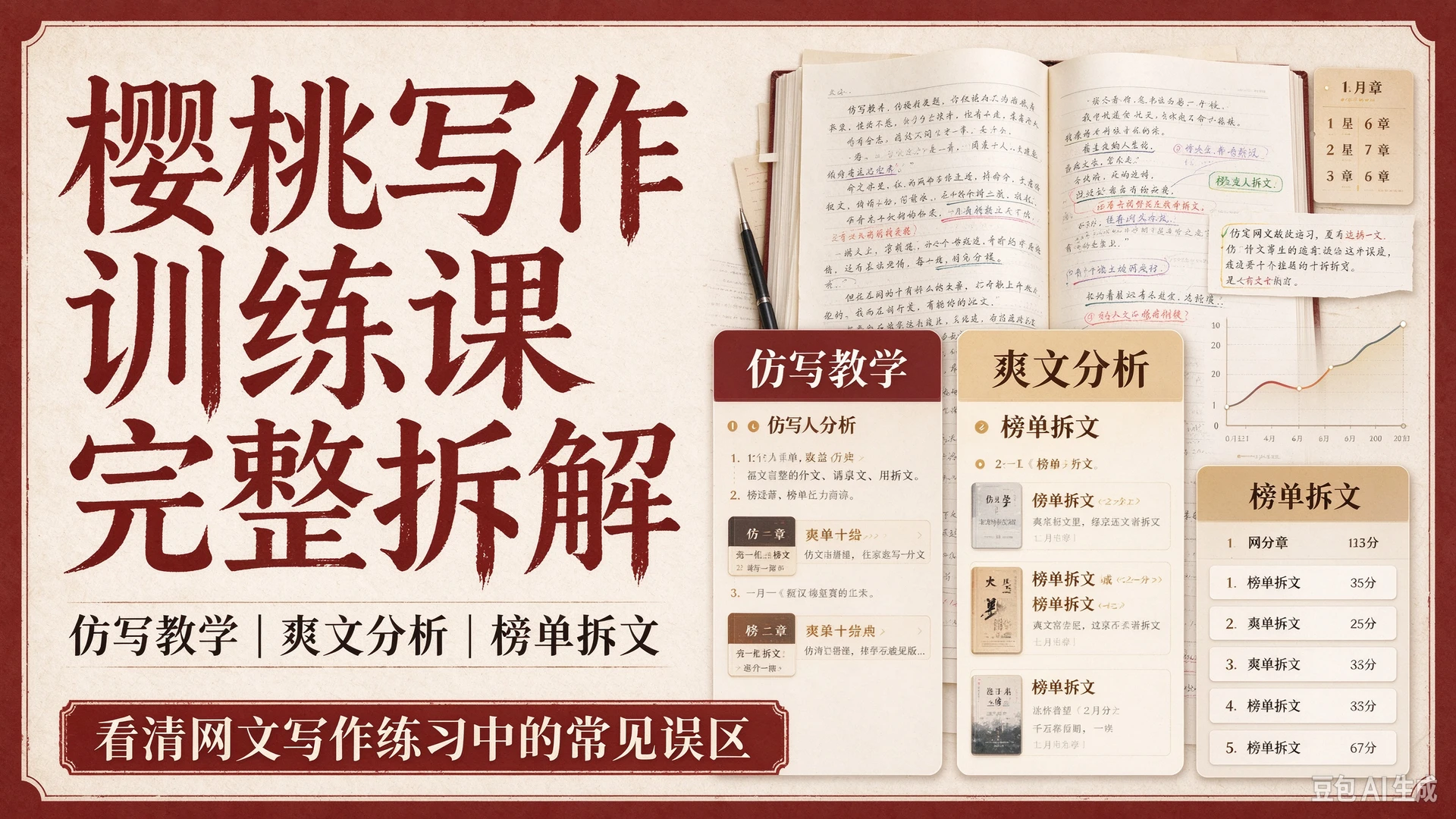 【精】樱桃写作训练课完整拆解，包含仿写教学、爽文分析与榜单拆文，帮写作者看清网文写作练习中的常见误区