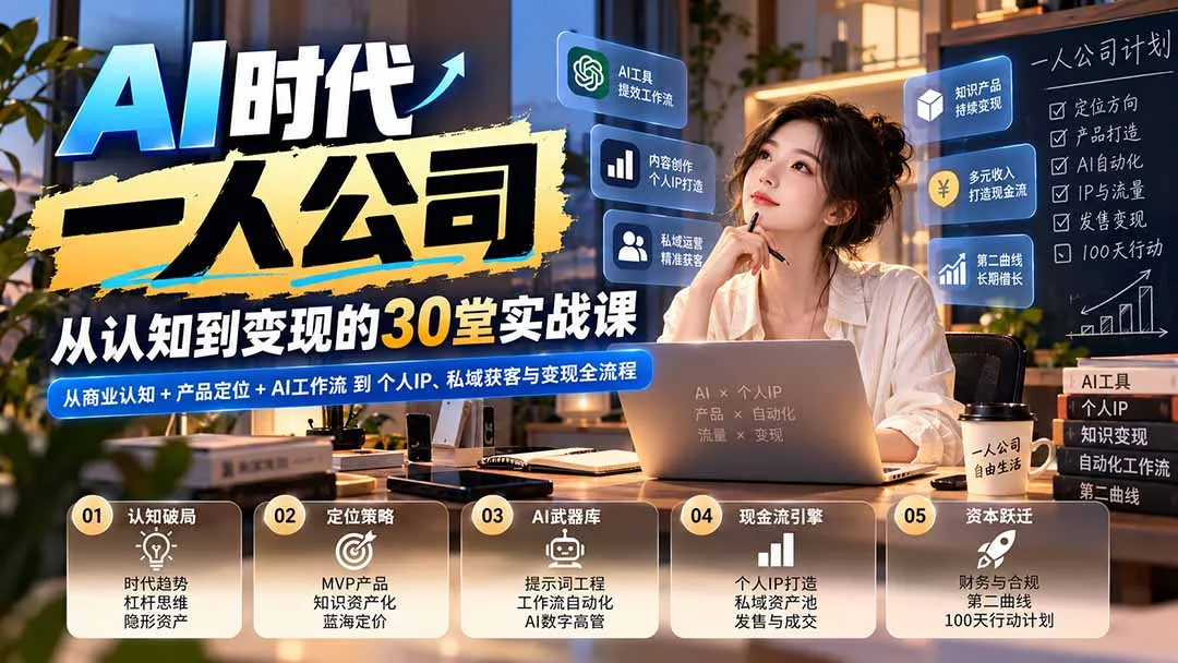 【无水印】AI时代一人公司30堂实战课:从商业认知+产品定位+AI工作流到个人IP、私域获客与变现全流程