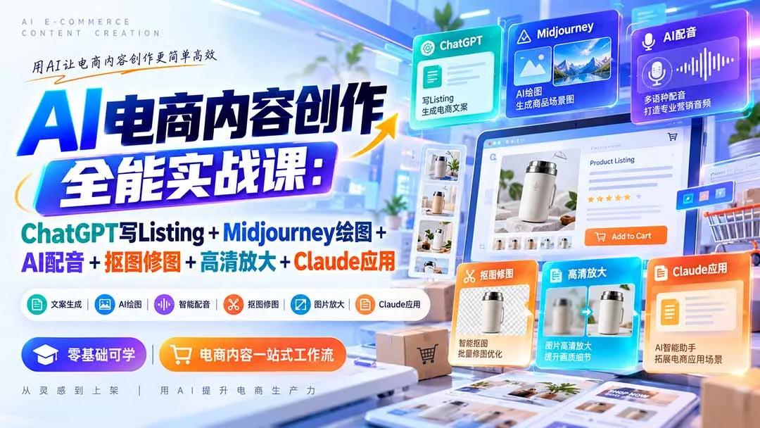 【无水印】AI电商内容创作全能实战课:ChatGPT写Listing+Midjourney绘图+AI配音+抠图修图+高清放大+Claude应用
