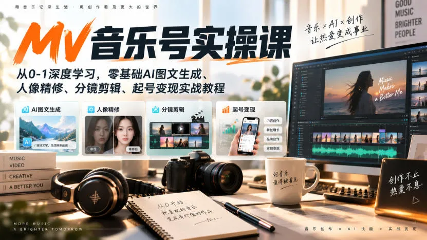 【精】AI MV音乐号实操课,从0-1深度学习,零基础AI图文生成、人像精修、分镜剪辑、起号变现实战教程