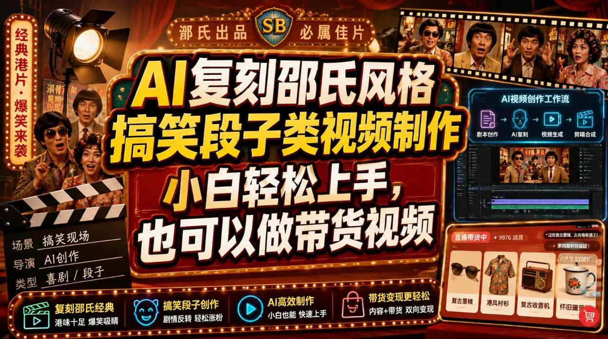 AI复刻邵氏风格搞笑段子类视频制作,小白轻松上手,也可以做带货视频 AI复刻邵氏风格搞笑段子类视频制作,小白轻松上手,也可以做带货视频