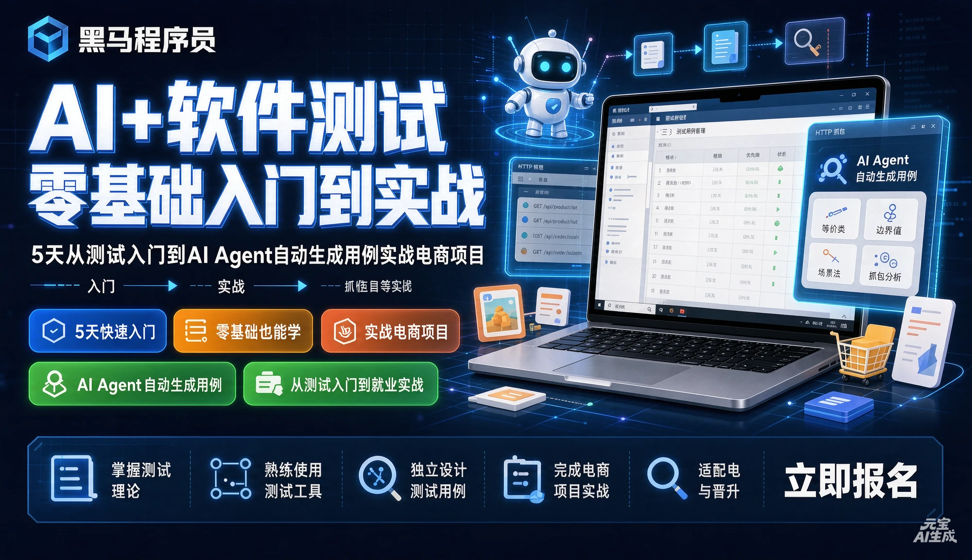 【精】黑马程序员AI+软件测试零基础入门到实战，5天从测试入门到AI Agent自动生成用例实战电商项目，等价类、边界值、抓包等全覆盖