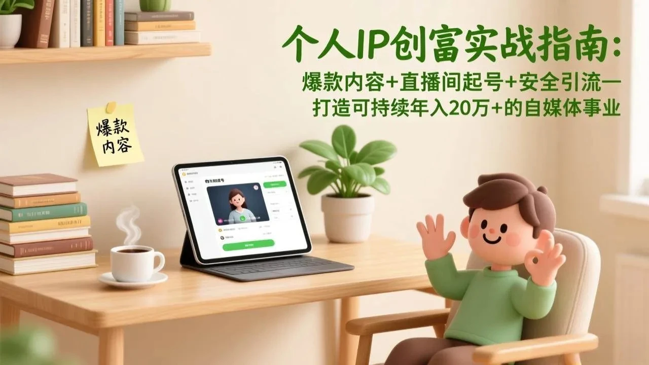 【精】个人IP创富实战指南：爆款内容+直播间起号+安全引流，打造可持续年入20万+的自媒体事业