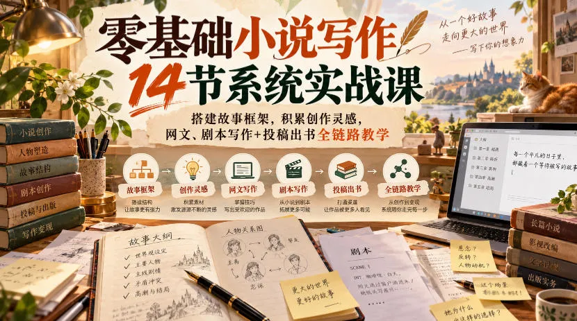 零基础小说写作14节系统实战课,搭建故事框架,积累创作灵感,网文、剧本写作+投稿出书全链路教学