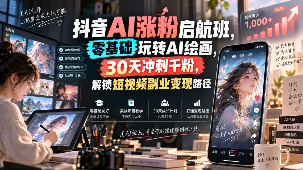 抖音AI涨粉启航班，零基础玩转AI绘画，30天冲刺千粉，解锁短视频副业变现路径