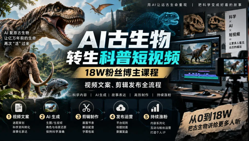 古生物AI科普短视频教学,带你从零基础到精通AI视频制作,实现古生物科普短视频制作的完整闭环,共2课时