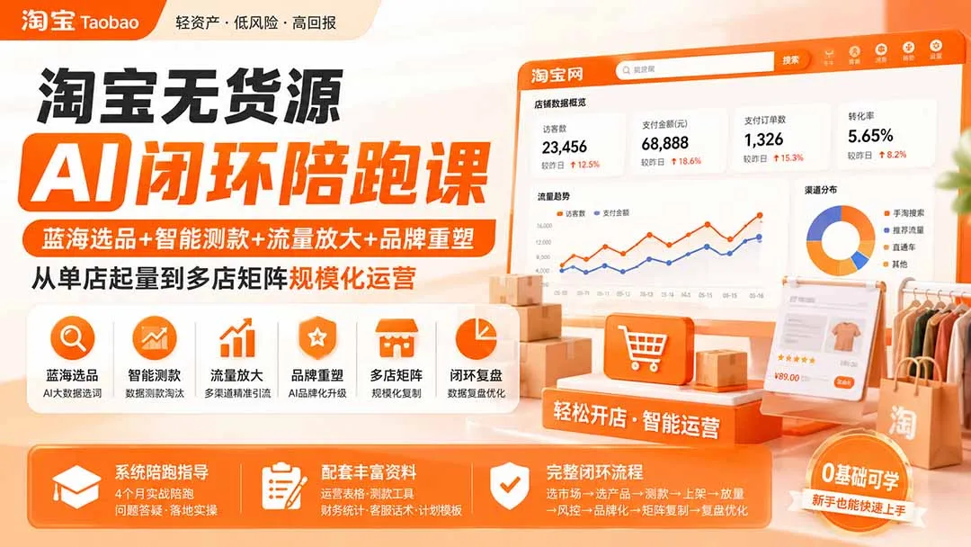 淘宝无货源AI闭环陪跑课:蓝海选品+智能测款+流量放大+品牌重塑,从单店起量到多店矩阵规模化运营