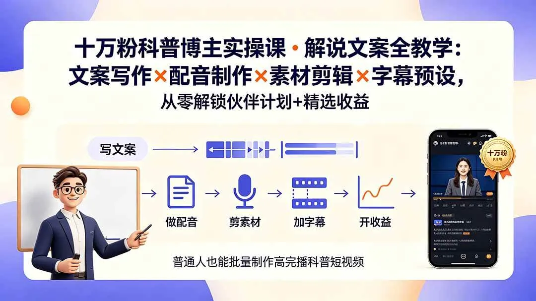 (19275期)10万粉科普博主实操课-解说文案全教学:文案写作×配音制作×素材剪辑×字幕预设,从零解锁伙伴计划+精选收益 (19275期)10万粉科普博主实操课-解说文案全教学:文案写作×配音制作×素材剪辑×字幕预设,从零解锁伙伴计划+精选收益