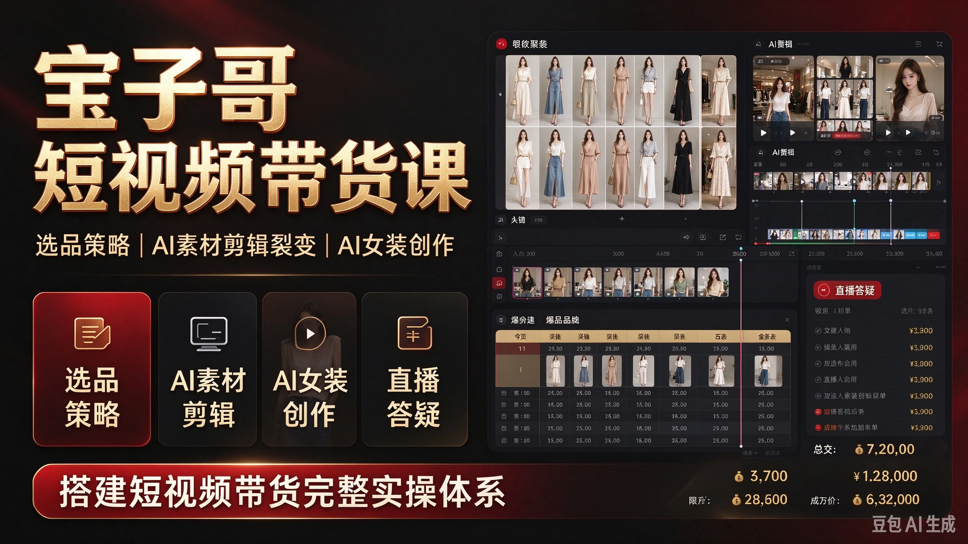 【精】宝子哥短视频带货，带你学习选品策略与AI素材剪辑裂变，掌握AI女装短视频创作，依托多节直播答疑搭建短视频带货完整实操体系