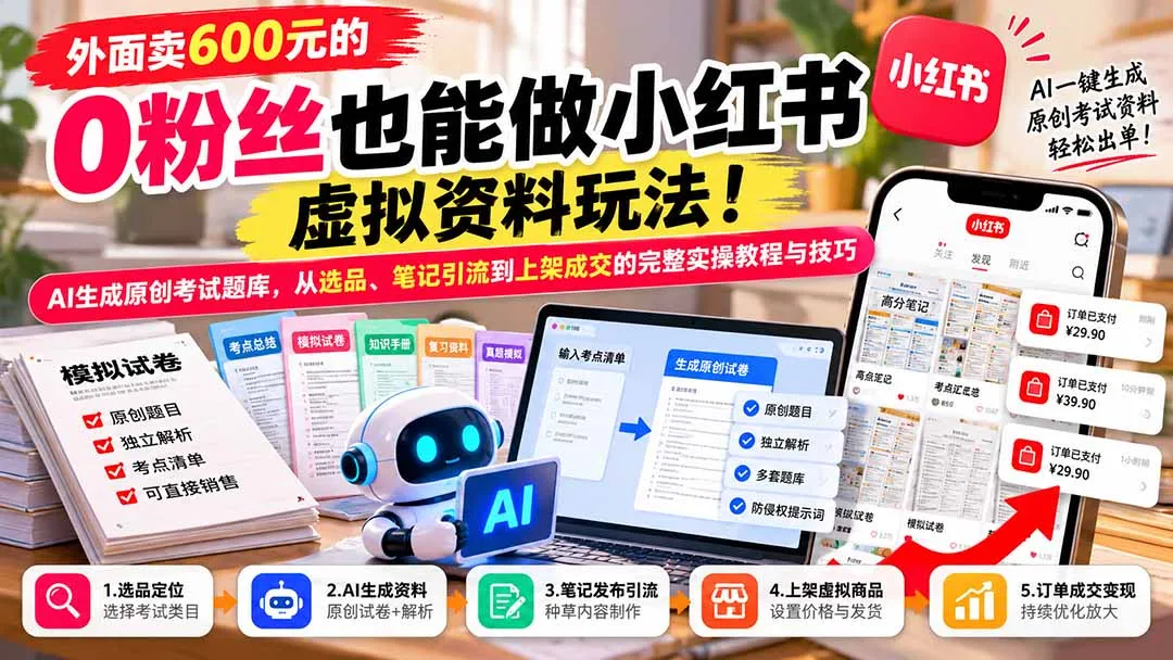 外面卖600元的 零粉丝也能做小红书虚拟资料玩法!AI生成原创考试题库,从选品、笔记引流到上架成交的完整实操教程