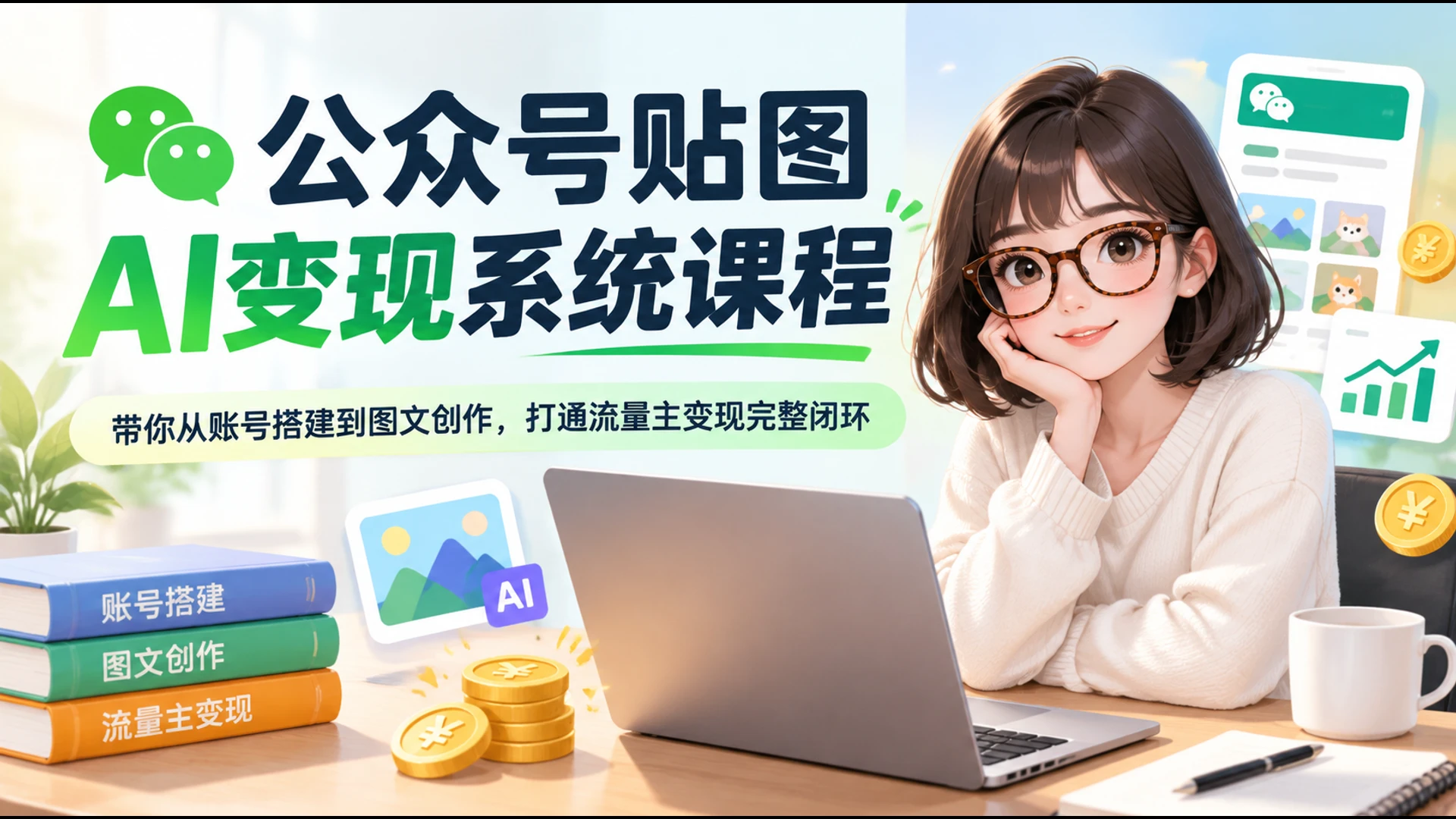 【精】公众号贴图AI变现系统课程，带你从账号搭建到图文创作，打通流量主变现完整闭环