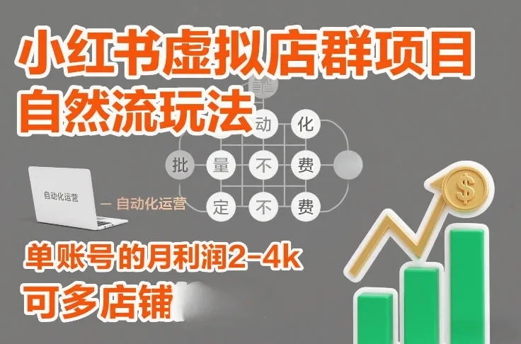 【精】小红书虚拟店群项目，自然流玩法，批量自动化，稳定不费号，单账号的月利润2-4k，可多店矩阵