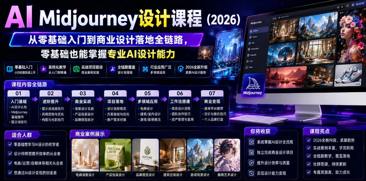 AI Midjourney设计课程(2026),从零基础入门到商业设计落地全链路,零基础也能掌握专业AI设计能力 AI Midjourney设计课程(2026),从零基础入门到商业设计落地全链路,零基础也能掌握专业AI设计能力