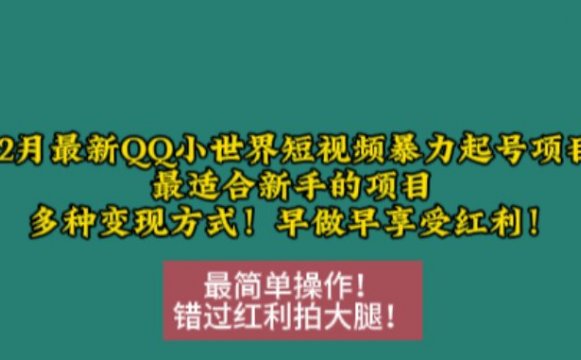 12月最新QQ小世界短视频暴力起号项目,最适合新手的项目,多种变现方式
