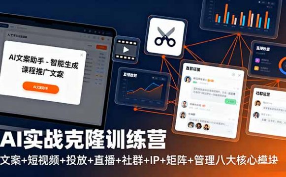 AI实战克隆训练营：文案+短视频+投放+直播+社群+IP+矩阵+管理八大核心模块
