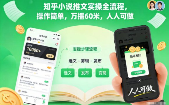 知乎小说推文实操全流程，操作简单，万播60米，人人可做